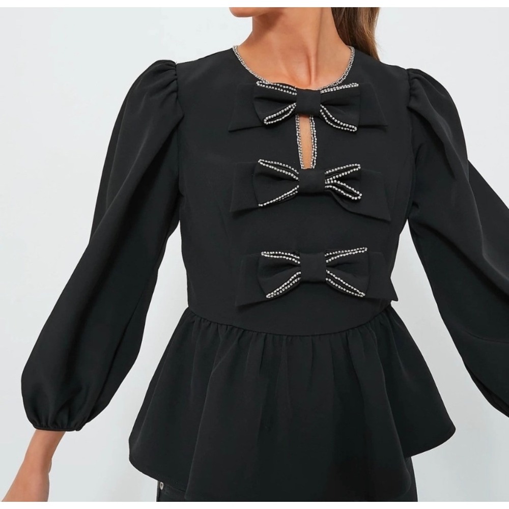 Tuckernuck Hyacinth House Blair Black‎ Rhinestone Bow Long Sleeve Blouse Small